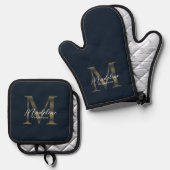 Navy Blue and Metallic Gold Monogram Script Ofenhandschuh & Topflappen-Set (Vorderseite/Rückseite)