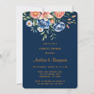 Navy Blue and Orange Peony Couples Dusche Einladung