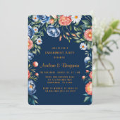 Navy Blue and Orange Peony Engagement Party Einladung (Stehend Vorderseite)