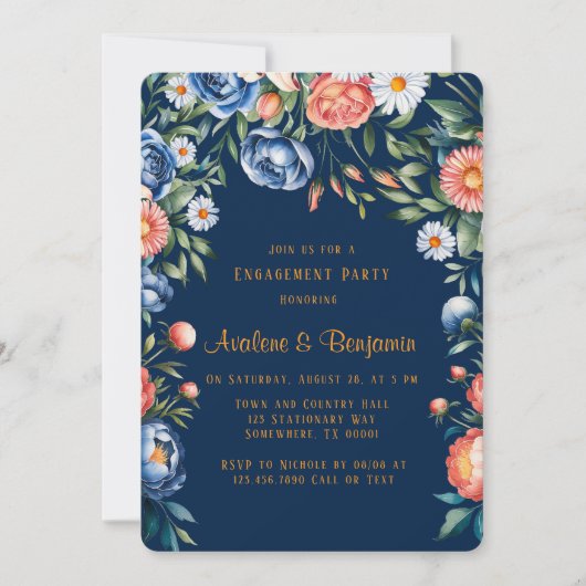 Navy Blue and Orange Peony Engagement Party Einladung (Vorderseite)