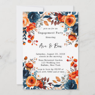 Navy Blue and Orange Peony Engagement Party Einladung