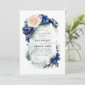 Navy Blue and Peach Floral Modern Engagement Party Einladung (Stehend Vorderseite)