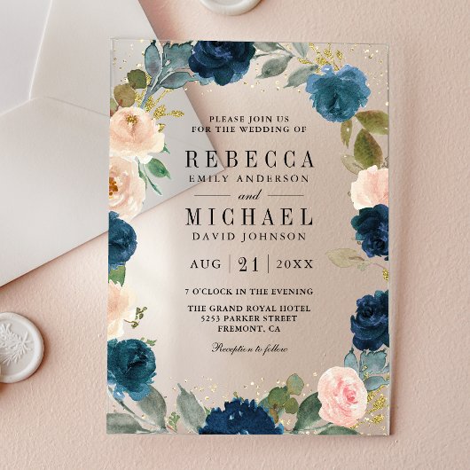 Navy Blue and Peach Floral Wedding Acryleinladungen