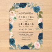 Navy Blue and Peach Floral Wedding Acryleinladungen (Vorderseite)