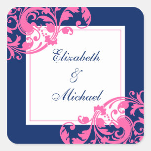 Navy Blue and Pink Blühend Wirbel Hochzeiten Quadratischer Aufkleber