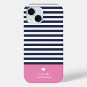 Navy Blue and Pink Chic Stripes Heftmonogramm Case-Mate iPhone Hülle (Rückseite)