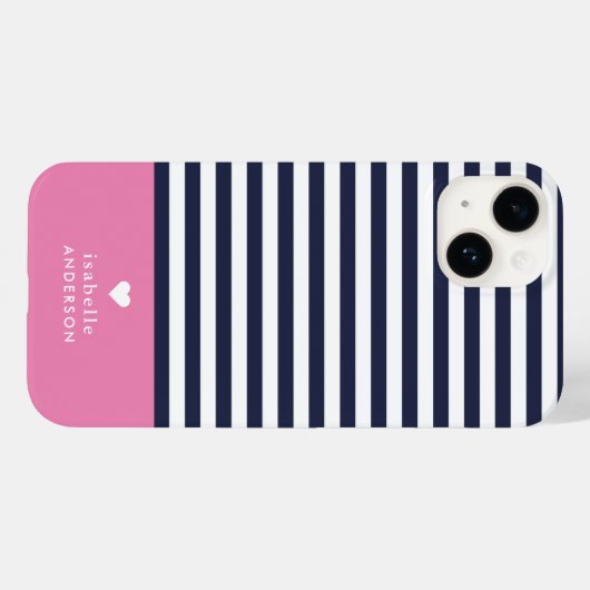 Navy Blue and Pink Chic Stripes Heftmonogramm Case-Mate iPhone Hülle (Rückseite (Horizontal))