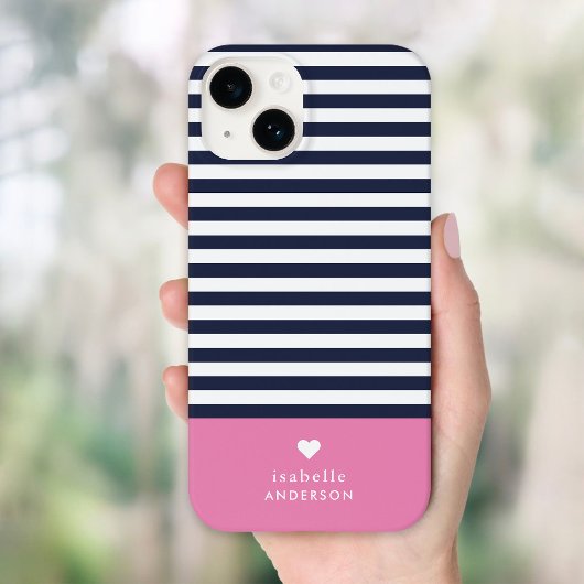 Navy Blue and Pink Chic Stripes Heftmonogramm Case-Mate iPhone Hülle