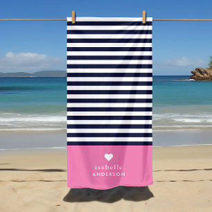Navy Blue and Pink Chic Stripes Heftmonogramm Strandtuch