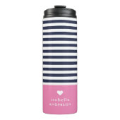 Navy Blue and Pink Chic Stripes Heftmonogramm Thermosbecher (Vorderseite)