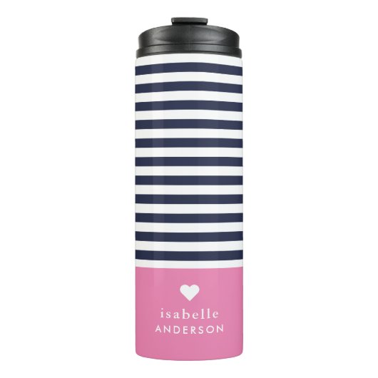 Navy Blue and Pink Chic Stripes Heftmonogramm Thermosbecher (Vorderseite)