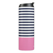 Navy Blue and Pink Chic Stripes Heftmonogramm Thermosbecher (Nach links gedreht)