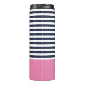 Navy Blue and Pink Chic Stripes Heftmonogramm Thermosbecher (Rückseite)