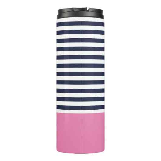 Navy Blue and Pink Chic Stripes Heftmonogramm Thermosbecher (Rückseite)