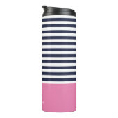 Navy Blue and Pink Chic Stripes Heftmonogramm Thermosbecher (Nach rechts gedreht)