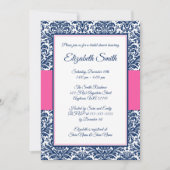 Navy Blue and Pink Damask Brautparty Einladung (Vorderseite)