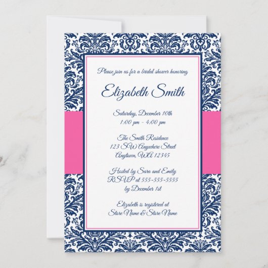 Navy Blue and Pink Damask Brautparty Einladung (Vorderseite)