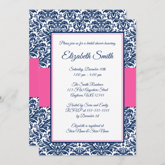 Navy Blue and Pink Damask Brautparty Einladung (Vorne/Hinten)