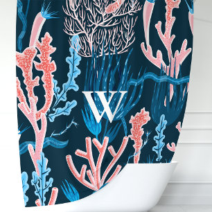 Navy Blue and Pink Ocean Coral Monogram Nautic Duschvorhang