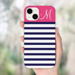 Navy Blue and Pink Preppy Strips Custom Monogram Case-Mate iPhone Hülle<br><div class="desc">Stilvolle,  benutzerdefinierte Telefonzelle personalisiert mit dem Monogramm Initial-,  Name- oder anderen benutzerdefinierten Text über ein niedliches trendiges Hintergrundmuster. Klicken Sie auf Anpassen,  um Ihren eigenen Text und Ihre eigenen Fotos hinzuzufügen und ein einzigartiges Gehäuse-Design zu erstellen!</div>