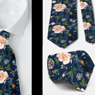 Navy Blue and Pink Watercolor Floral Rose Neck T Krawatte