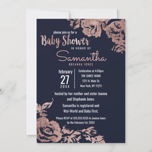 Navy Blue and Rose Gold Floral Baby Dusche Einladung (Vorderseite)