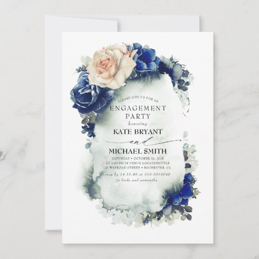 Navy Blue and Rust Floral Moderne Engagement Party Einladung (Vorderseite)