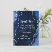 Navy Blue and Silver Agate Birthday Party Dankeskarte (Stehend Vorderseite)