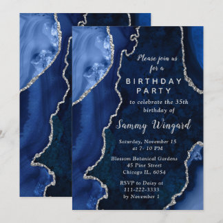 Navy Blue and Silver Agate Marble Birthday Party Einladung