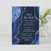 Navy Blue and Silver Agate Marble Save The Date Einladung (Stehend Vorderseite)