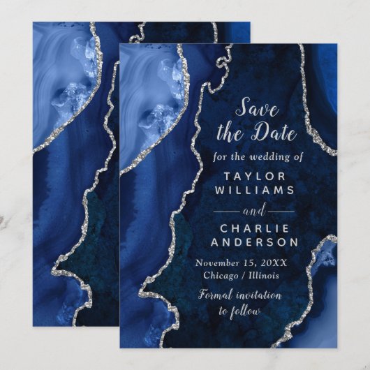 Navy Blue and Silver Agate Marble Save The Date Einladung (Vorne/Hinten)