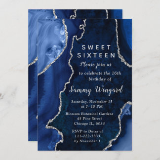 Navy Blue and Silver Agate Marble Sweet Sixteen Einladung