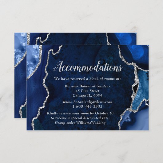 Navy Blue and Silver Agate Wedding Accommodations Begleitkarte (Vorne/Hinten)