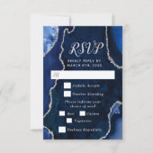 Navy Blue and Silver Agate Wedding Meal Choice RSVP Karte (Vorderseite)