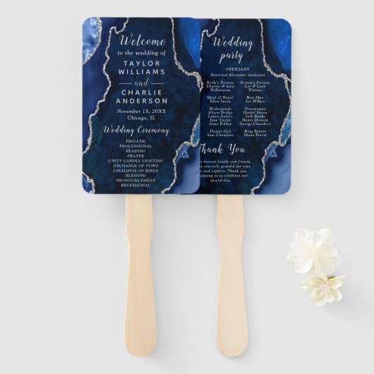 Navy Blue and Silver Agate Wedding Program Fächer (Vorne und Hinten)