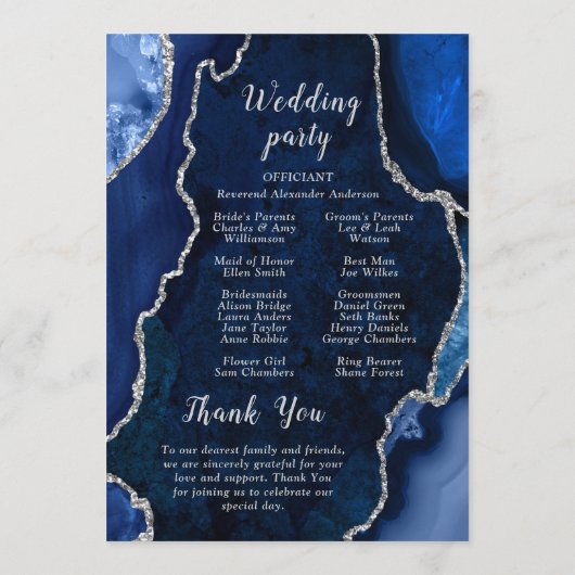 Navy Blue and Silver Agate Wedding Program Programm (Rückseite)