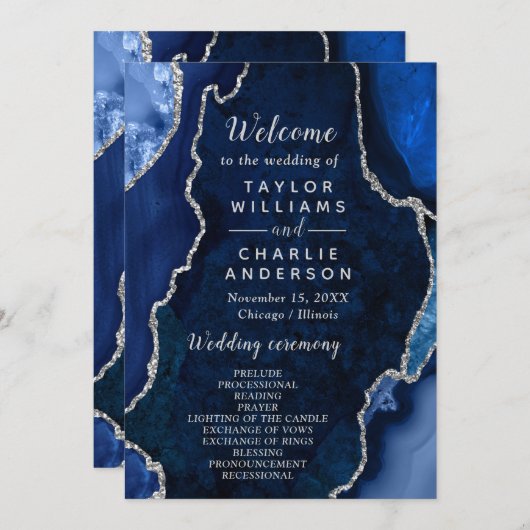 Navy Blue and Silver Agate Wedding Program Programm (Vorne/Hinten)