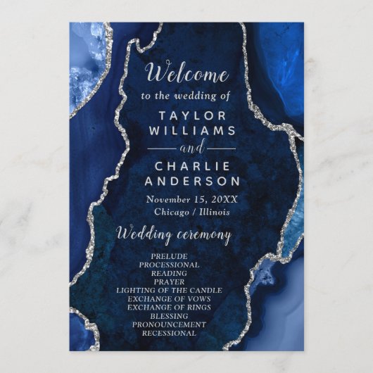 Navy Blue and Silver Agate Wedding Program Programm (Vorderseite)