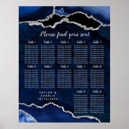 Navy Blue and Silver Agate Wedding Seating Chart Poster