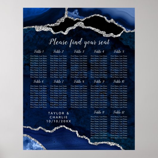 Navy Blue and Silver Agate Wedding Seating Chart Poster (Vorne)