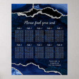 Navy Blue and Silver Agate Wedding Seating Chart Poster