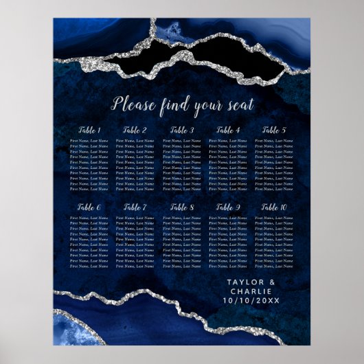 Navy Blue and Silver Agate Wedding Seating Chart Poster (Vorne)