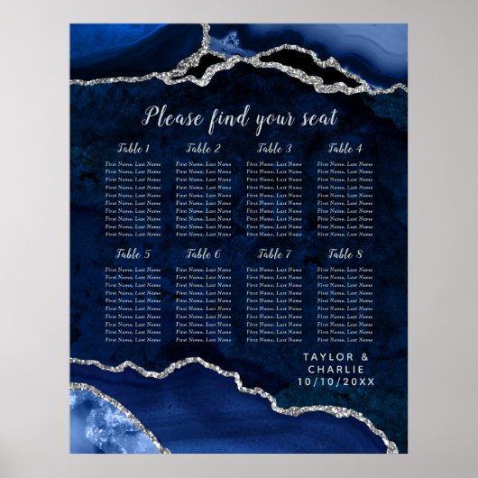 Navy Blue and Silver Agate Wedding Seating Chart Poster (Vorne)