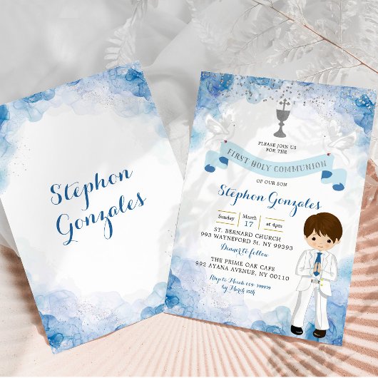 Navy Blue and Silver Boy First Heilige Kommune Einladung
