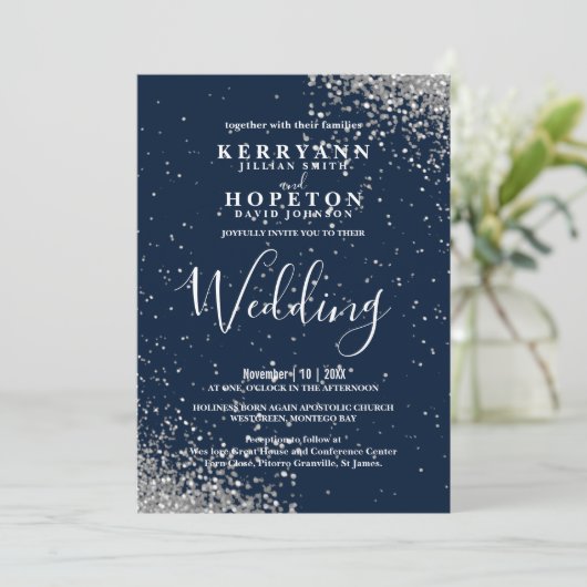 Navy Blue and Silver Glitter  Einladung (Stehend Vorderseite)