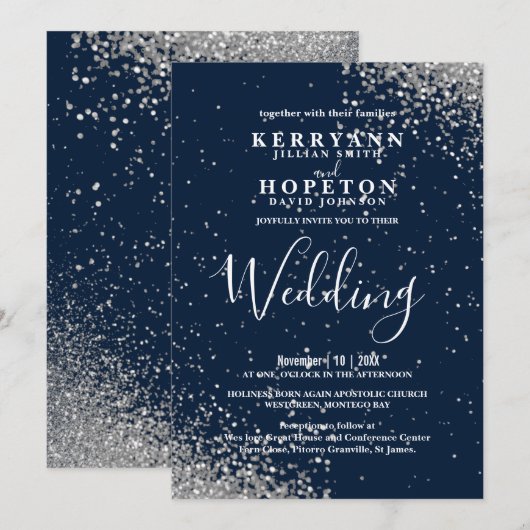 Navy Blue and Silver Glitter Einladung (Vorne/Hinten)
