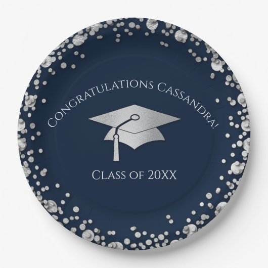 Navy Blue and Silver Graduation Pappteller (Vorderseite)