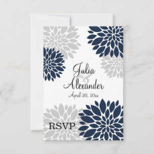 Navy Blue and Silver Gray Floral Burst UAWG RSVP Karte