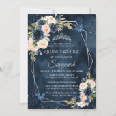 Navy Blue and Silver Rose Elegante Quinceanera Einladung (Vorderseite)