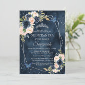 Navy Blue and Silver Rose Elegante Quinceanera Einladung (Stehend Vorderseite)